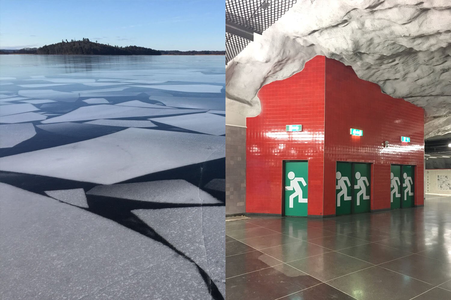 Andreas left: From “our” lake Mälaren just 10 minutes from our house — sometimes you can see patterns like this, like an enlarged terrazzo-pattern W&S right: Wherever you look in Stockholm’s subway system there is gold to be found (this is Universitetet station) 