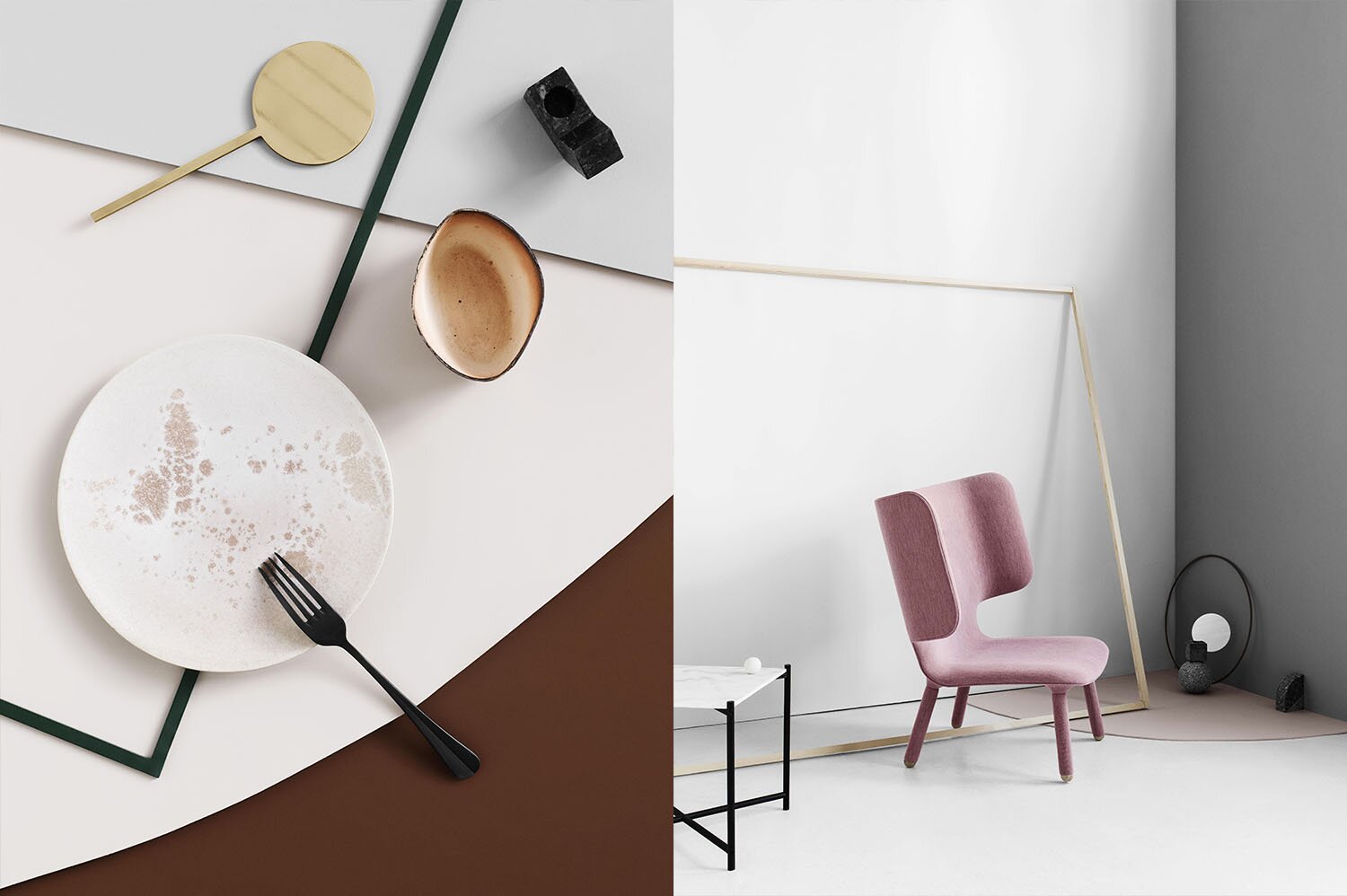 Left: Table by &Tradition Candlestick by Kristina Dam Mirror by Bjørn van den Berg for New Works Marble circles by Kristina Dam Right: Sidetable by Händverk Rock by Runa Klock Loungechair by New Works Still by Menu Bookend by Hallgeir Homstvedt Mirror object by Pettersen/Hein